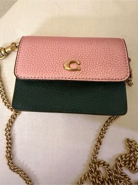 Coach Pink and Dark Green Leather mini card Chain Crossbody